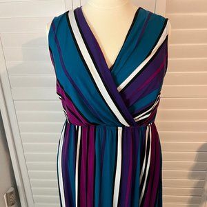 Teal Purple Sleeveless Striped Fit & Flare Midi Dress